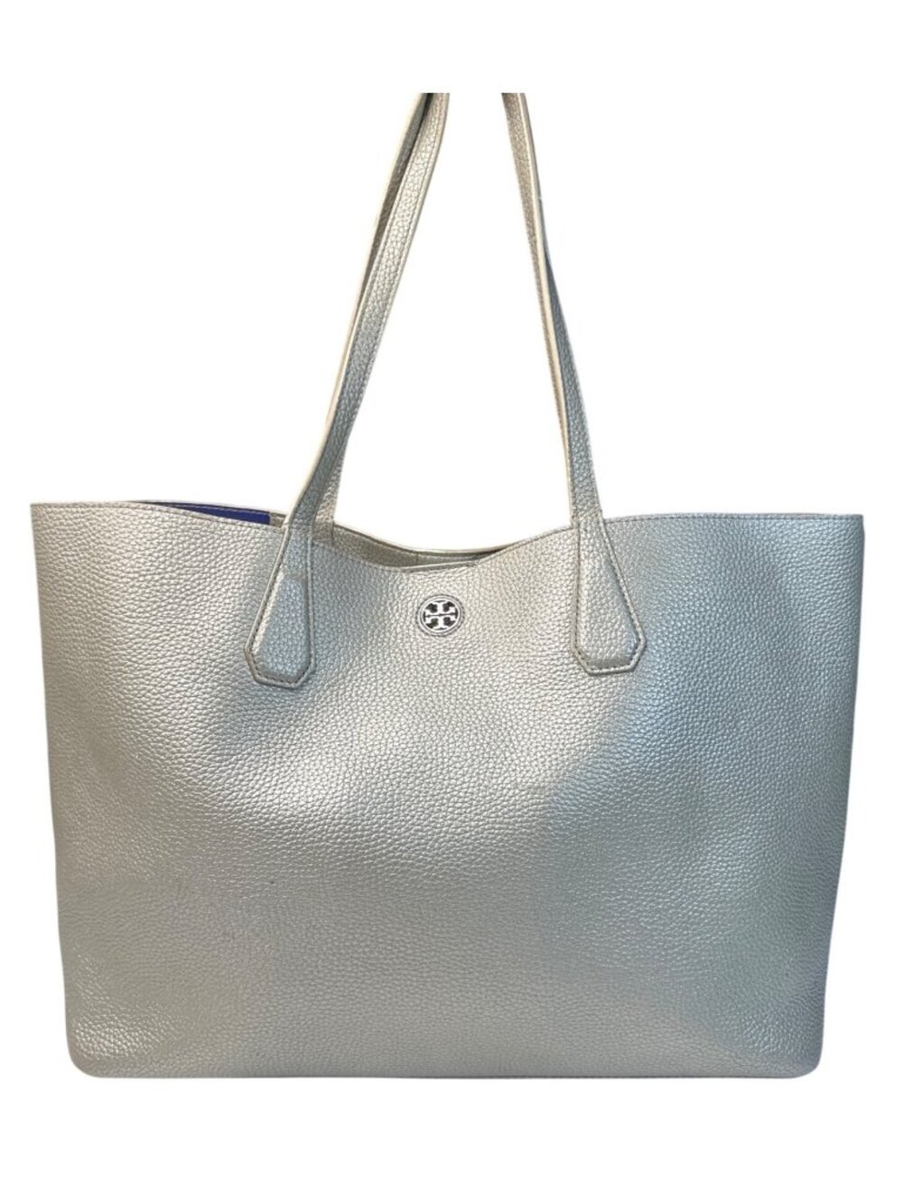 Tory Burch Metallic Silver Leather Tote Bag W/Blue Interior & Pocketed Design